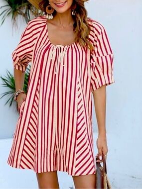 Amazon NWT Oversized pink and white romper with puff sleeves